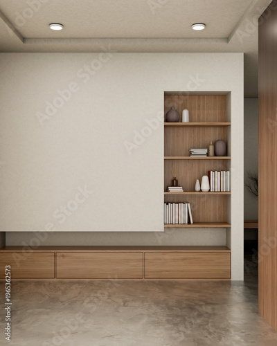 Fotografía Recessed bookshelf in white wall over wooden cabinet and grey cement stone floor