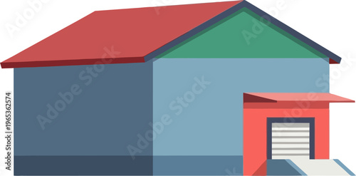 A large blue building with red roof.