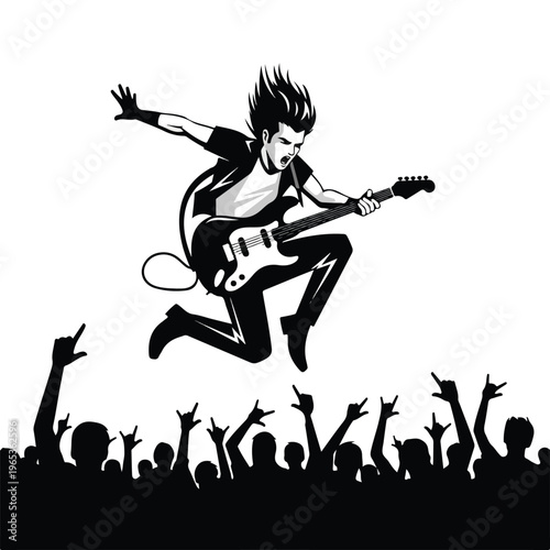 Dynamic silhouette of a guitar hero rockstar leaping energetically on stage with cheering crowd raising hands in excitement