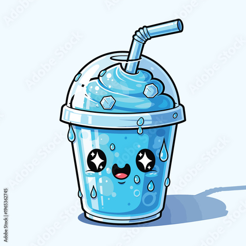 A cute, illustrated ice drink with a kawaii face on the cup. It has a straw and ice cubes. Drips and foam add to its visual appeal