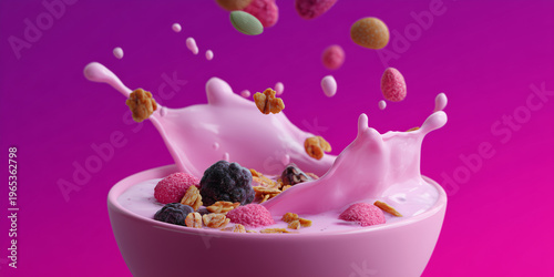A dynamic shot of cereal with milk splash in bowl