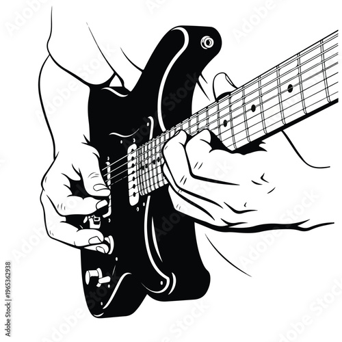 Dynamic guitar hero passionately playing electric guitar with intense focus and skillful hand movements in bold line art style