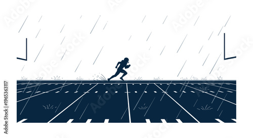 American Football Player Running on Rainy Field Silhouette