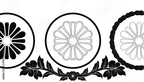 Three vintage-style circular designs with radial patterns and decorative borders