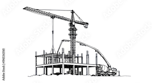 Construction Site with Crane and Concrete Mixer, Building Framework