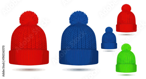 Cozy Winter Beanies Collection: Red, Blue, Green Knitted Hats with Pom-Poms