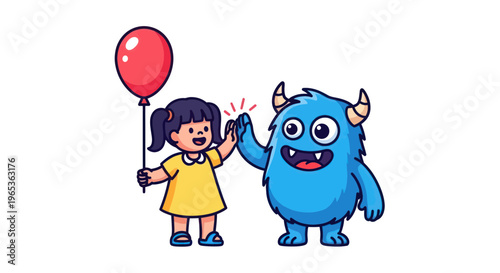 Cute cartoon girl and friendly monster giving high five with red balloon