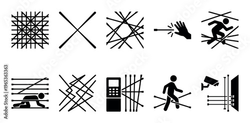 A collection of black graphic icons on a white background depicting laser grids, security cameras, and people navigating obstacles, representing danger, protection, and technology.