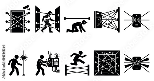 A collection of stylized black and white icons depicting various security breach and infiltration scenarios, including laser grids, cameras, and attempts to bypass security systems.
