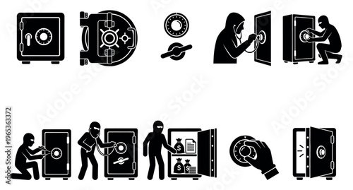 Collection of black and white icons depicting safes, thieves breaking into safes, and money bags, representing security, crime, and wealth.