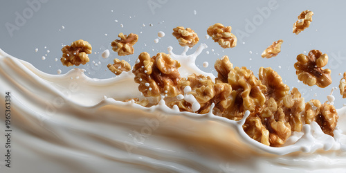 A splash of milk with walnuts. A delightful picture of walnuts in motion as they interact with a stream of milk