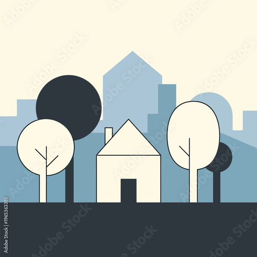 A minimalist illustration of a house with trees and a cityscape in the background, utilizing muted colors and geometric shapes