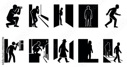 A graphic compilation of stylized black silhouette icons depicting various secretive and investigative actions, including surveillance, peeking, and lurking.
