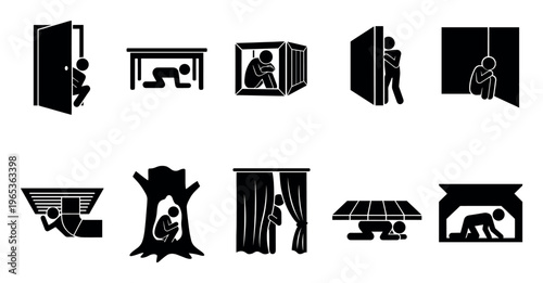 Simple black and white icons depict various scenarios of a person taking cover or seeking shelter in different protective positions and locations.