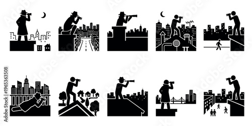 A collection of flat black silhouette icons depicting detectives and spies observing cityscapes and neighborhoods with binoculars, conveying themes of surveillance, investigation, and observation.