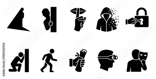 A collection of black silhouette icons on a white background depicts concepts like spying, secrecy, hacking, and unlocking.