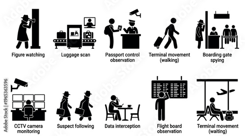 Collection of black and white pictogram icons illustrating various airport security and surveillance activities, including observation, scanning, and monitoring, suitable for concept art.