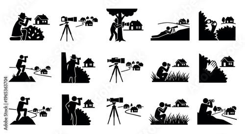 A collection of black silhouette icons depicts various individuals observing houses using binoculars and cameras, suggesting themes of surveillance, photography, and curiosity.