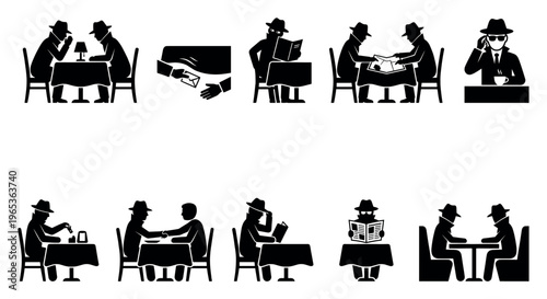 A collection of black silhouette icons depicts various clandestine meetings in cafe settings, suggesting espionage, secrets, and intrigue.
