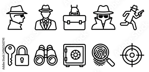 Collection of black line art icons representing espionage and detective work including spies, cases, keys, and targets, perfect for mystery or security themes.