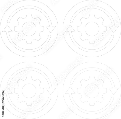 Seamless process automation icon set, four circular vector graphics with gears and arrows, representing continuous workflow, update, and system optimization for business and technology.
