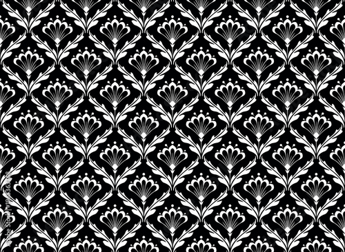 Wallpaper in the style of Baroque. White and black floral ornament. Seamless vector background. Graphic pattern for fabric, wallpaper, packaging. Ornate Damask flower illustration.