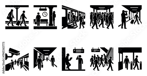 A collection of diverse black and white pictogram icons depicting people commuting and traveling through public transportation hubs like subway stations and train platforms.