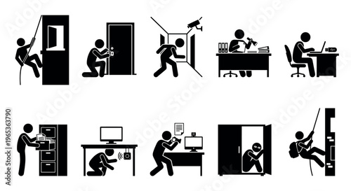 This icon set depicts various security breaches, surveillance activities, and defensive actions in black and white, suitable for illustrating concepts of crime, privacy, and safety.