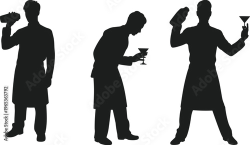 Black Silhouette Vector Illustration of a Professional Bartender Mixing Drinks Shaking Cocktails and Serving Martini Glasses for Bar and Restaurant