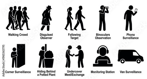 A collection of black silhouette icons depicts various surveillance and investigation activities including following, observation, hiding, and monitoring stations.