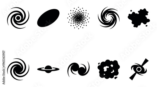 A collection of stylized black graphic icons representing celestial bodies and cosmic phenomena against a clean white background, perfect for science or abstract themes.