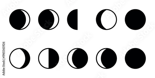 A collection of simple, black and white icons representing the different phases of the moon on a clean white background, ideal for educational or astronomical contexts.