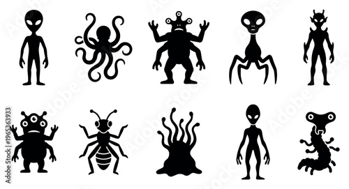 A collection of ten black silhouette icons representing various alien creatures and monsters, including classic grey aliens, octopuses, and insectoids, set against a white background.