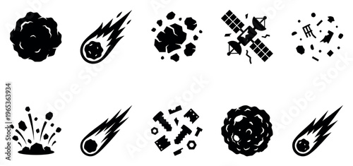 A collection of black silhouette icons depicting celestial objects like meteors, asteroids, a satellite, and space junk on a white background.