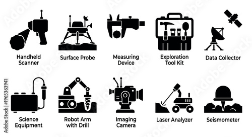 A collection of black solid icons representing scientific exploration and measurement tools against a white background. The icons include scanners, probes, and measurement devices.