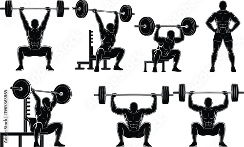 Black Silhouette Vector Illustration of Bodybuilders Lifting Heavy Barbells and Squatting for Gym Fitness Workout Weightlifting and Strength Training Concepts