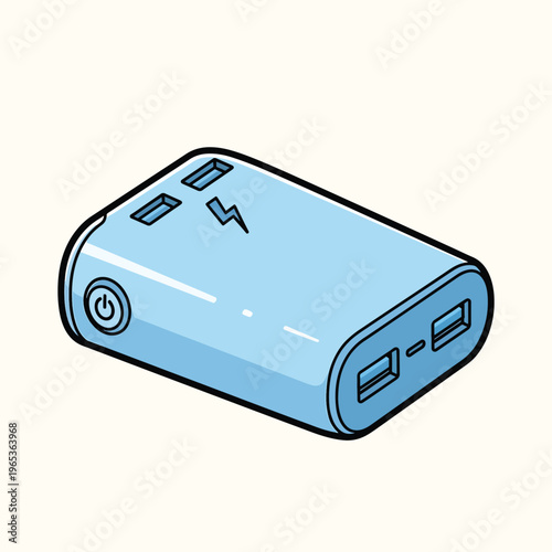 A light blue rectangular electronic device with rounded corners and a black outline. It features a power button, charging ports, and a lightning bolt symbol