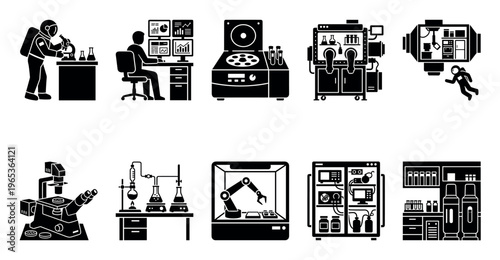 This collection of black and white vector icons depicts various scientific research and laboratory equipment, including microscopes, centrifuges, robotic arms, and researchers in action.