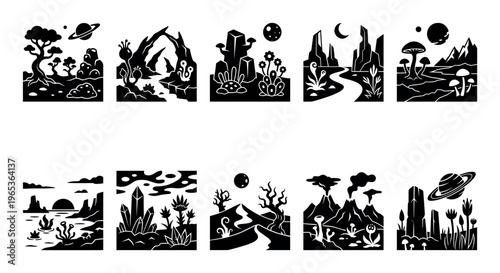 A collection of stylized black and white illustrations depicting fantastical alien planets, landscapes, strange flora, and celestial bodies like Saturn.