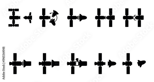 Silhouette icons depict a series of satellite docking steps, illustrating a spacecraft approaching and connecting with a space station, ideal for technical or educational content.