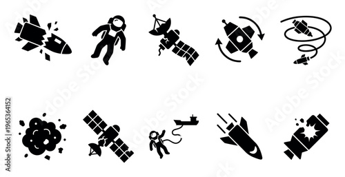 A collection of simple black vector icons representing space exploration themes including rockets, astronauts, satellites, explosions, and space debris.