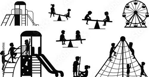 Black Silhouette Vector Illustration of Children Playing on Playground Equipment Including Slides Seesaw Ferris Wheel and Climbing Net for Kids Activities