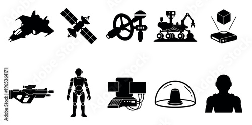 A collection of black silhouette icons representing science fiction and future technology, including a spaceship, satellite, rover, robot, and more, suitable for conceptual use.
