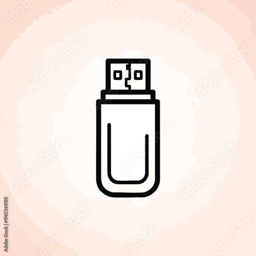 A simple black line art icon of a USB flash drive. The image has a light pink watercolor texture background. The stick stands upright