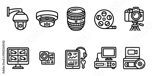 A collection of black and white line art icons representing various technologies including security cameras, lenses, film reels, digital cameras, monitors, and storage devices.