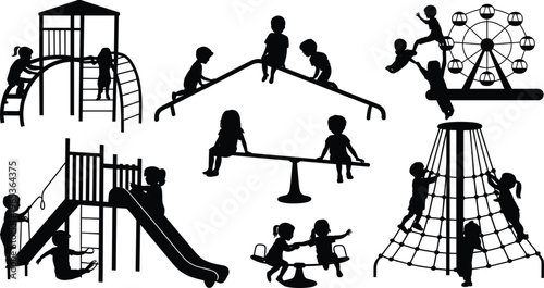Black Silhouette Vector Illustration of Children Playing on Playground Equipment Including Slides Swings Ferris Wheel and Climbing Frames for Kids Activity