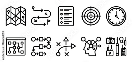 Collection of black outline icons representing business planning, strategy, and organization, including maps, flowcharts, targets, clocks, and security elements.