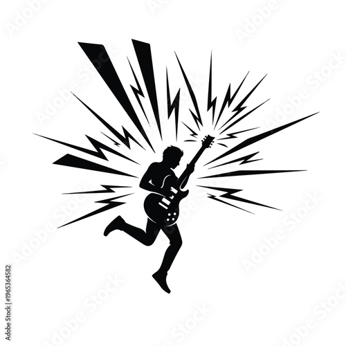 Dynamic silhouette of a guitar hero rockstar leaping energetically with electric guitar amid explosive lightning bolt energy bursts