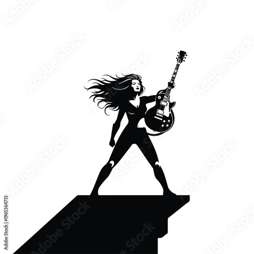 Dynamic silhouette of a fierce guitar hero woman with flowing hair rocking electric guitar on stage edge