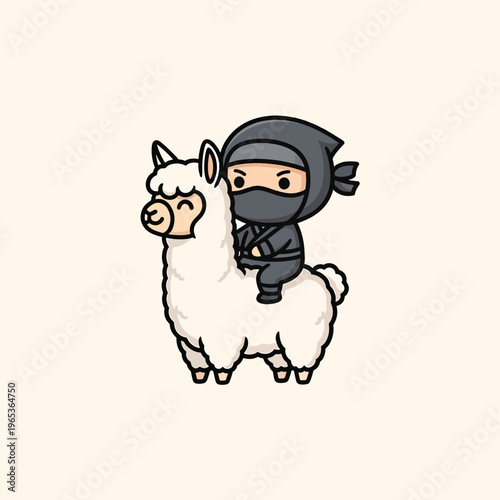 A kawaii ninja, wearing a dark hood and attire, rides atop a fluffy white alpaca, set against a neutral, plain, solid background